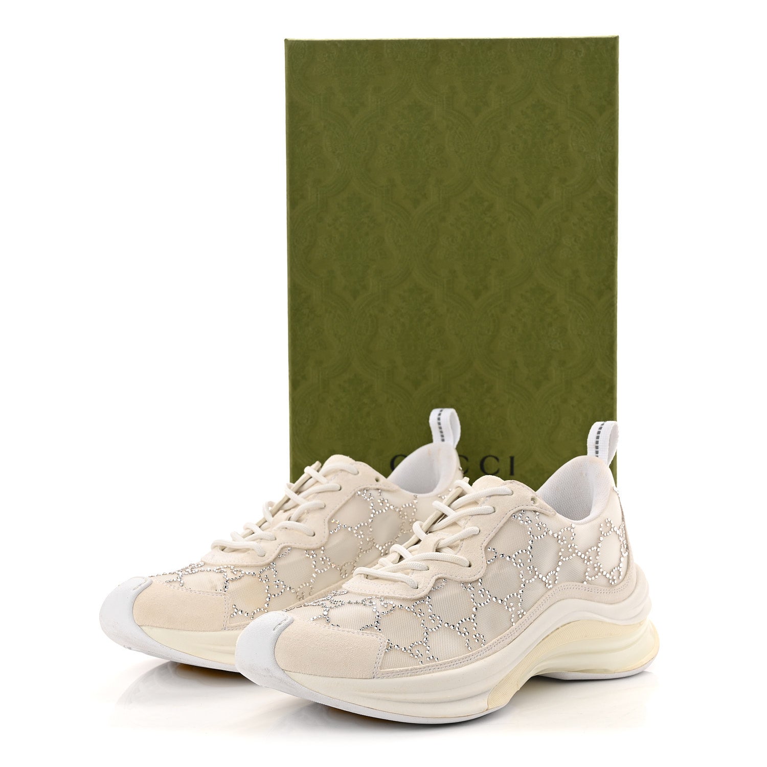 Tela Retino Mesh Crystal Suede GG Monogram Womens Gucci Run Sneakers 37.5 Off White Silver