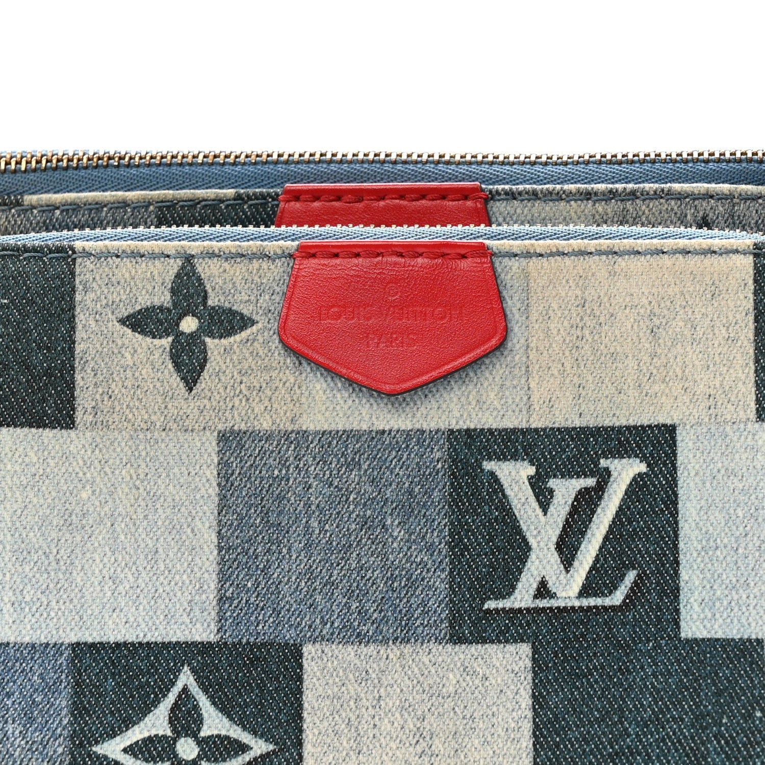 Denim Damier Monogram Patchwork Multi Pochette Accessories Blue Rouge