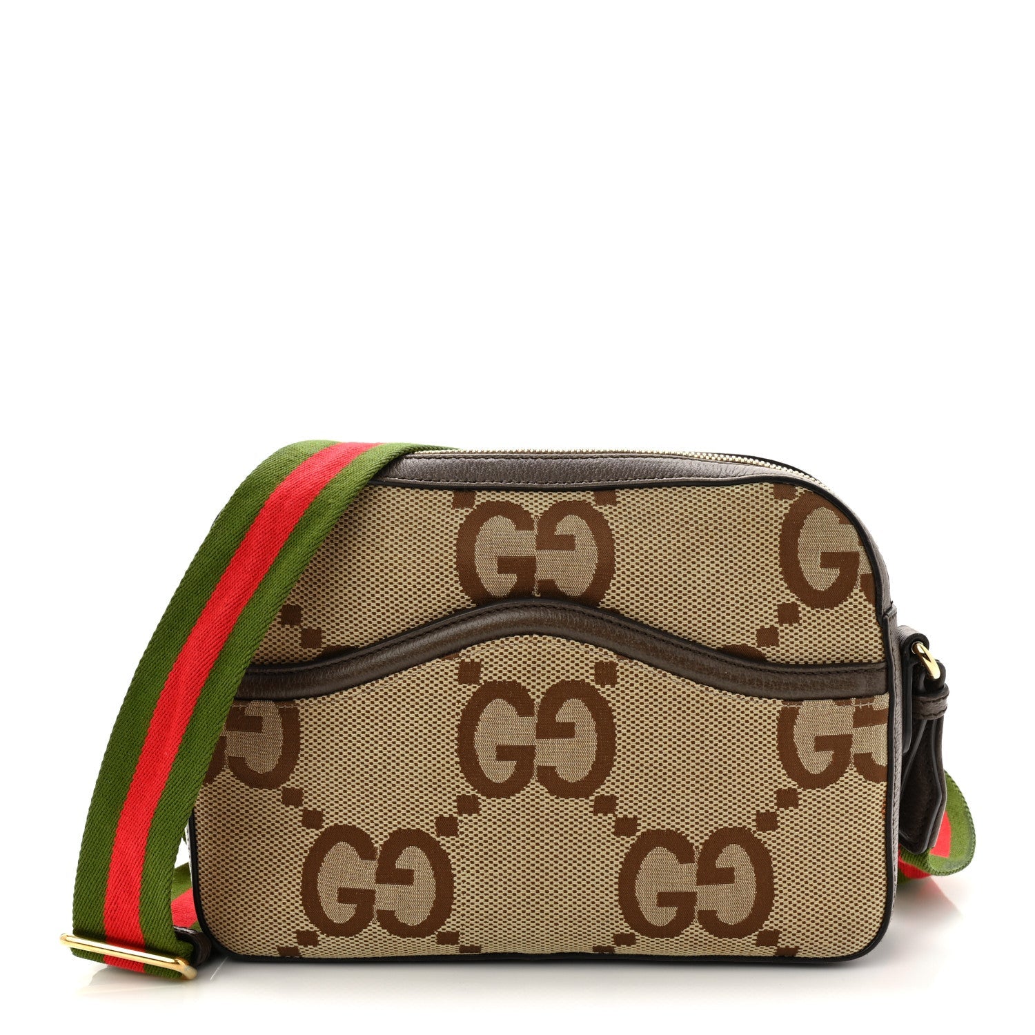 Monogram Jumbo GG Textured Dollar Calfskin Web Messenger Shoulder Bag Camel Ebony New Acero