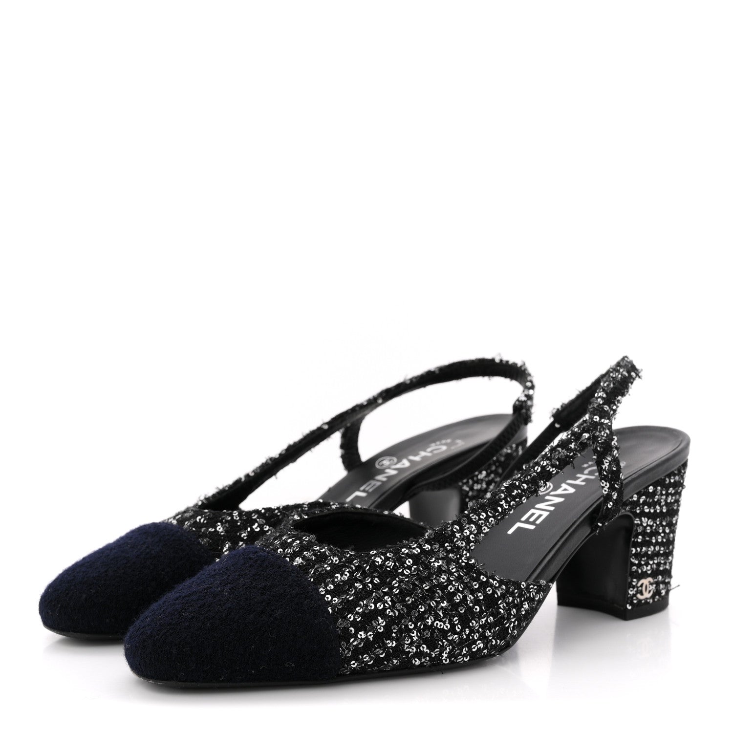 Tweed Sequin Cap Toe CC Slingback Pumps 38 Black White Silver