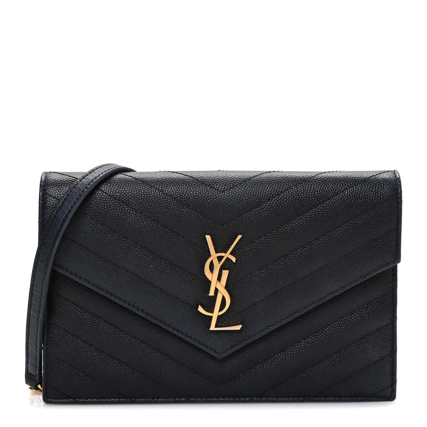 Grain De Poudre Matelasse Chevron Monogram Envelope Chain Wallet Black