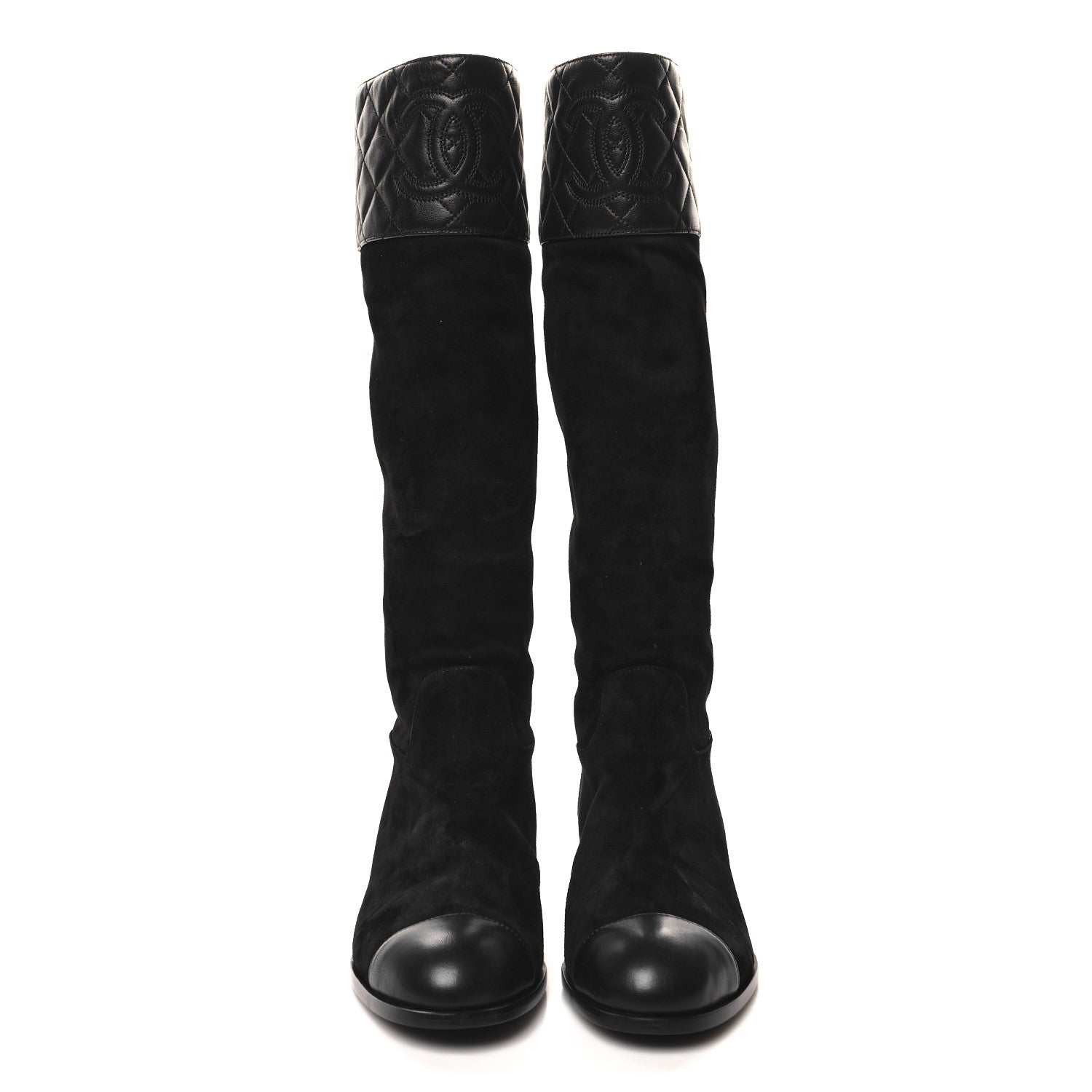Suede Calfskin Lambskin Quilted Knee High Boots 37 Black