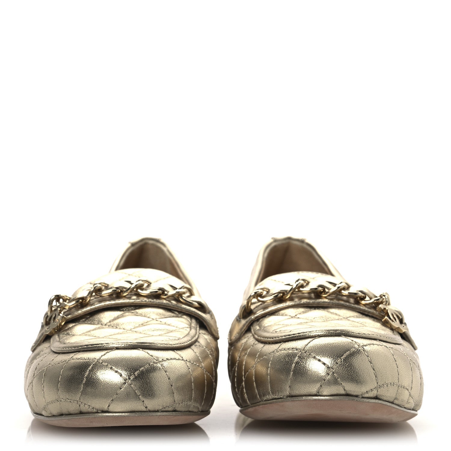 Metallic Lambskin Quilted Womens Chain CC Loafers 39.5 Gold