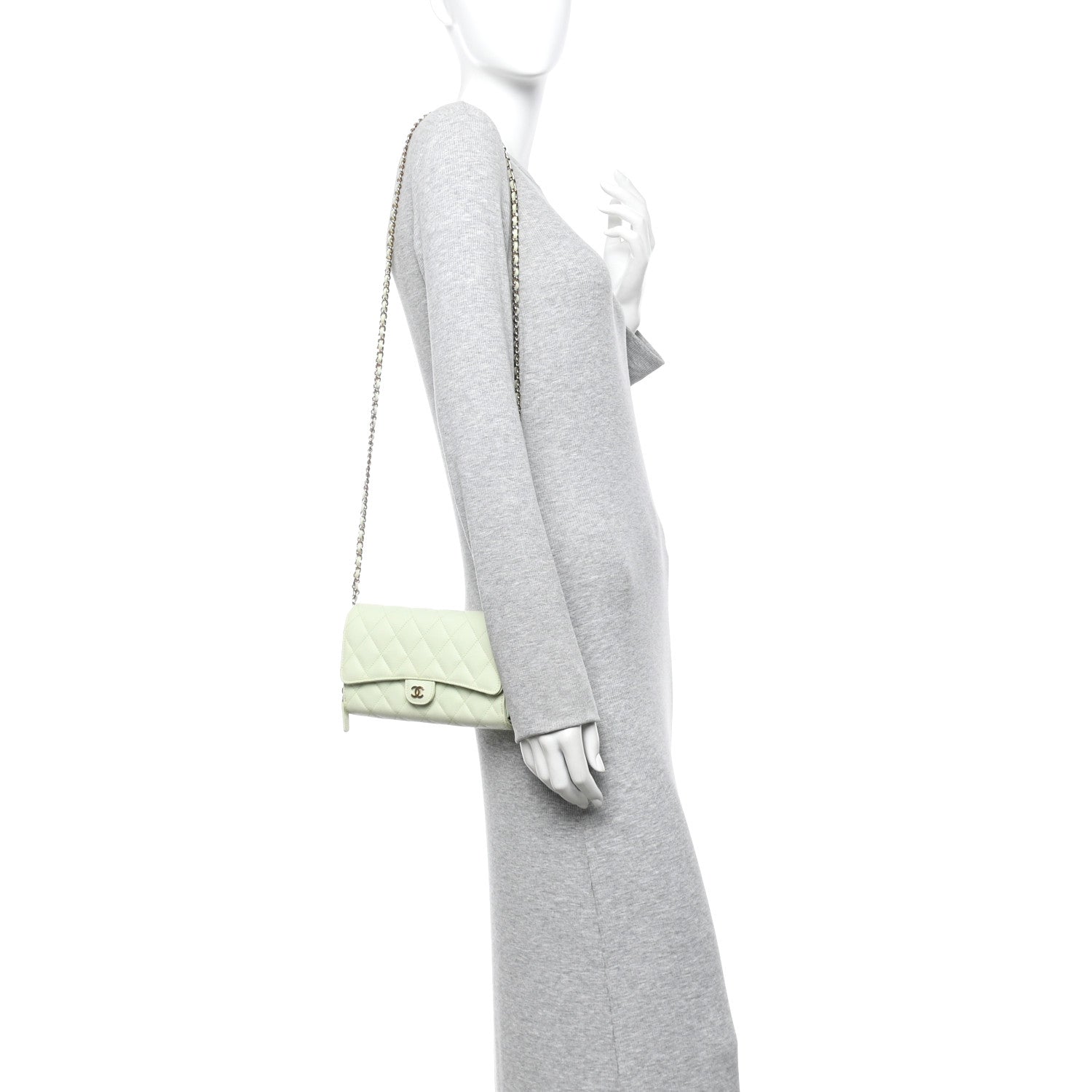 Caviar Quilted Phone Holder Wallet on Removable Chain Light Green
