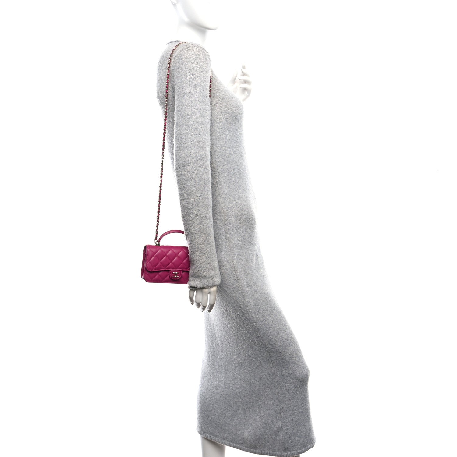 Lambskin Quilted Flap Phone Holder With Chain Fuchsia