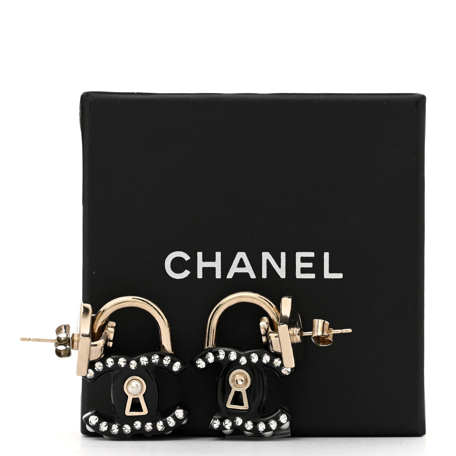 Metal Resin Crystal Pearl CC Lock Drop Earrings Gold Black