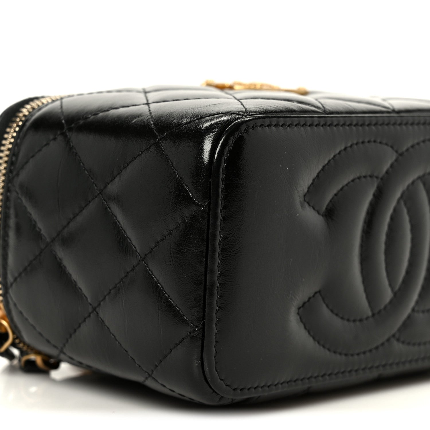 Shiny Lambskin Quilted CC Links Small Vanity Case With Chain Black