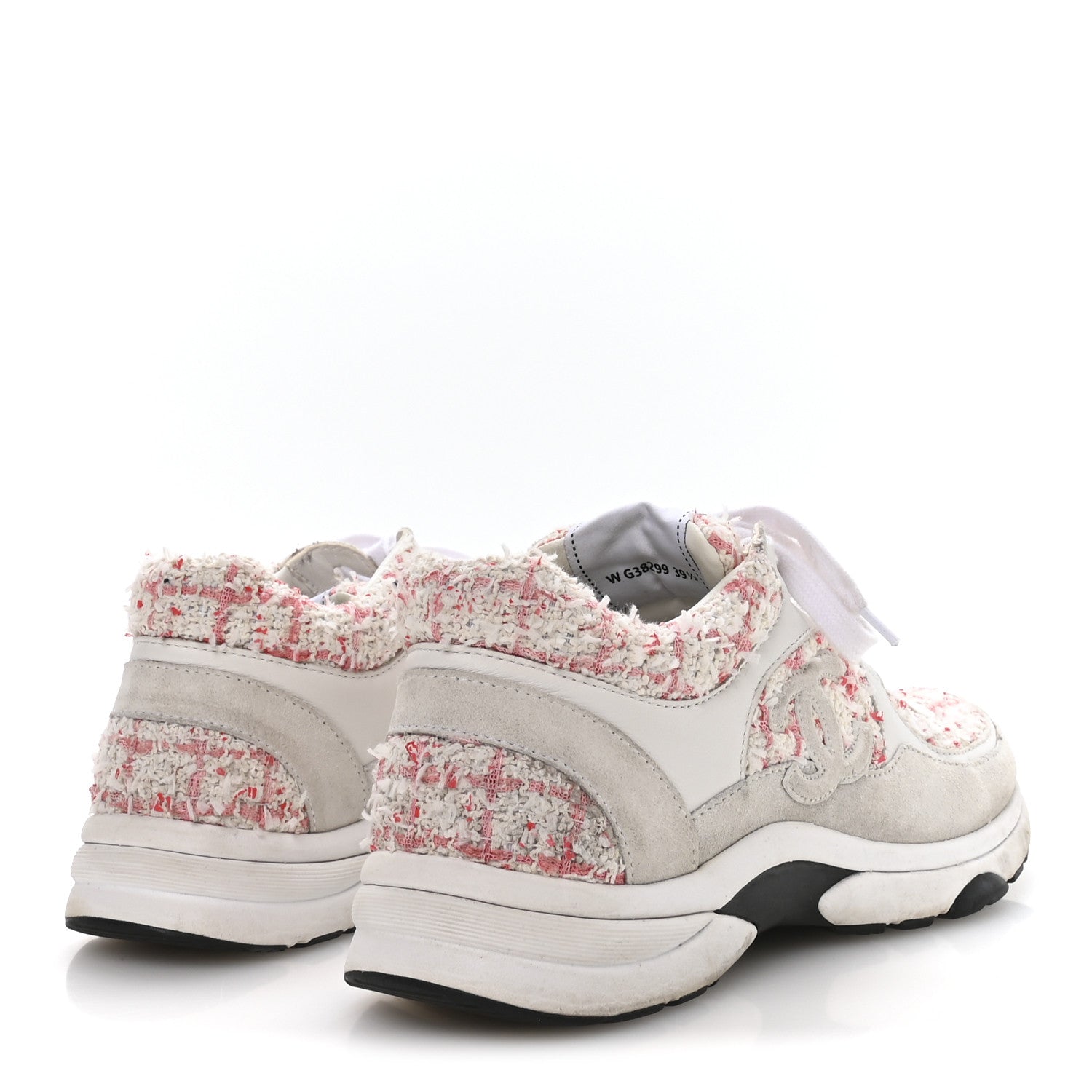 Tweed Suede Calfskin Womens CC Sneakers 39.5 Ecru Pink Red White
