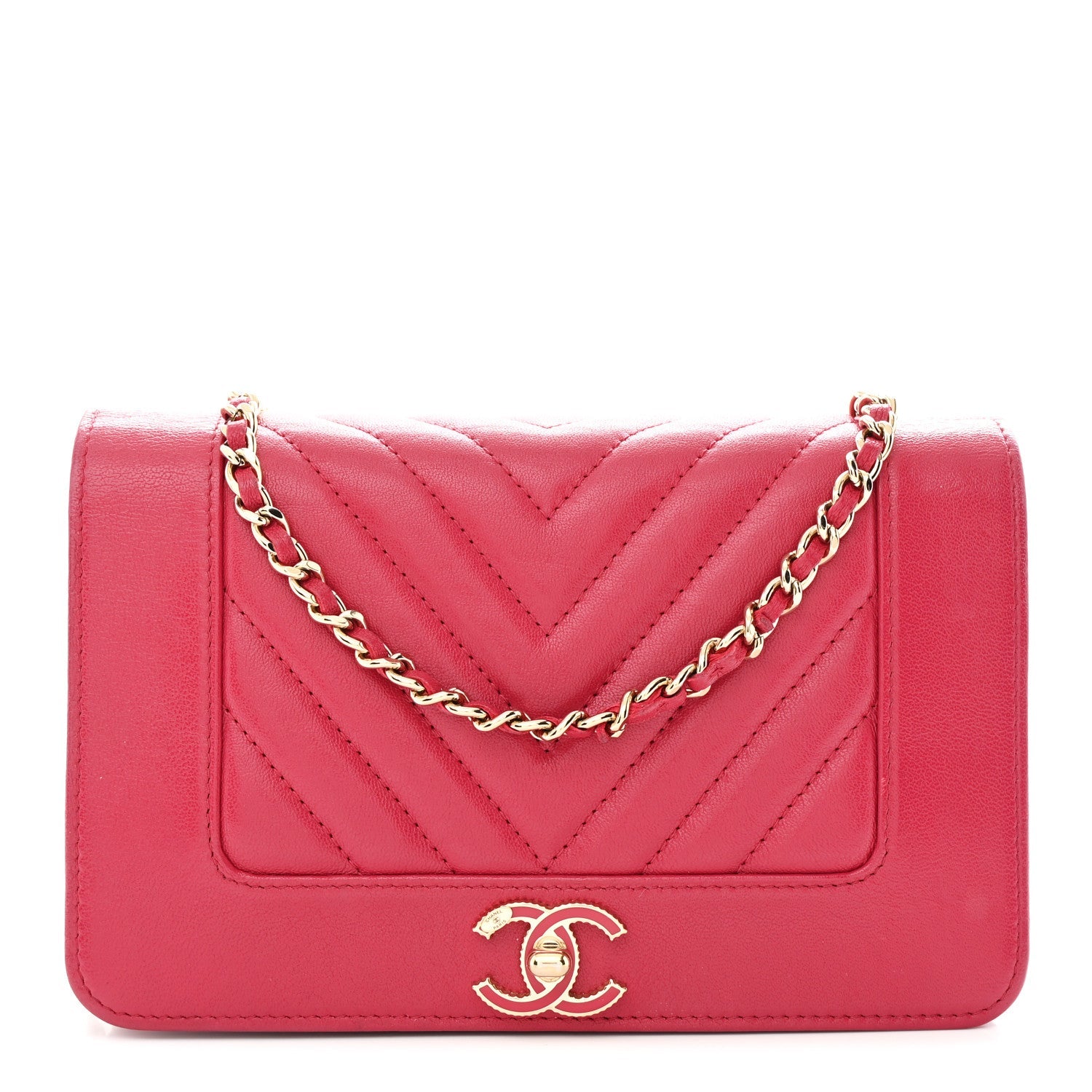 Sheepskin Chevron Quilted Vintage Mademoiselle Wallet On Chain WOC Dark Pink