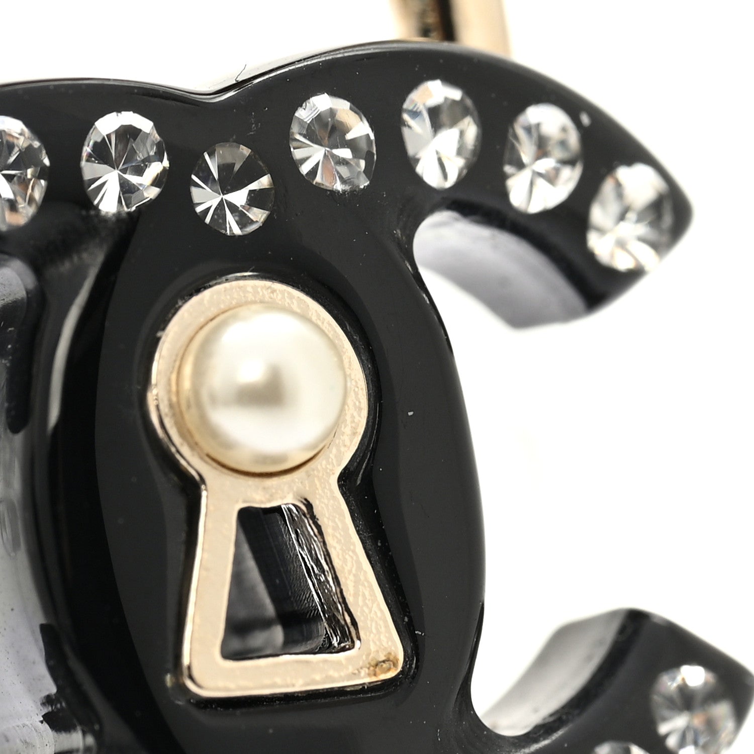 Metal Resin Crystal Pearl CC Lock Drop Earrings Gold Black