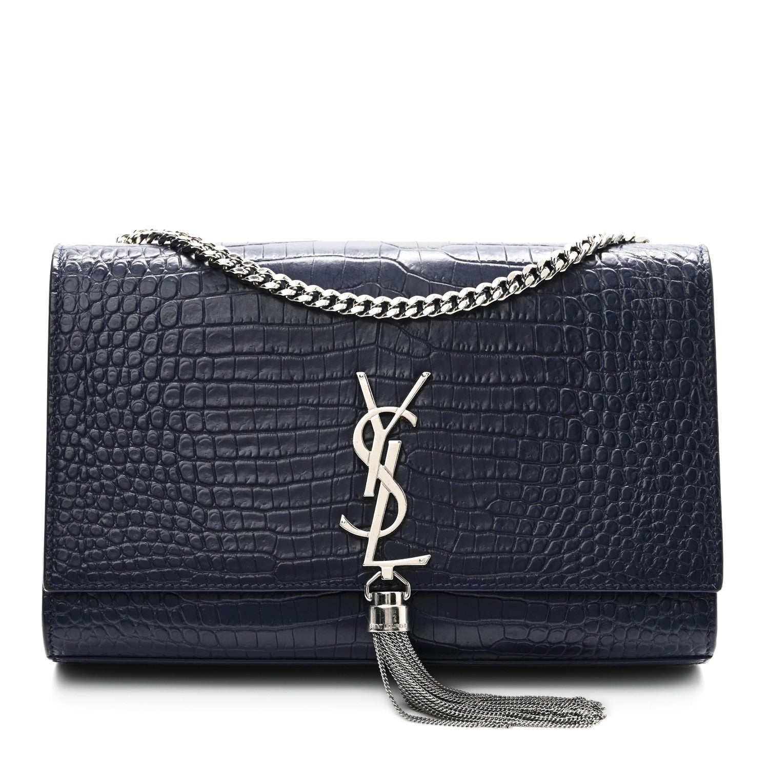 Calfskin Crocodile Embossed Medium Classic Monogram Kate Tassel Satchel Deep Marine