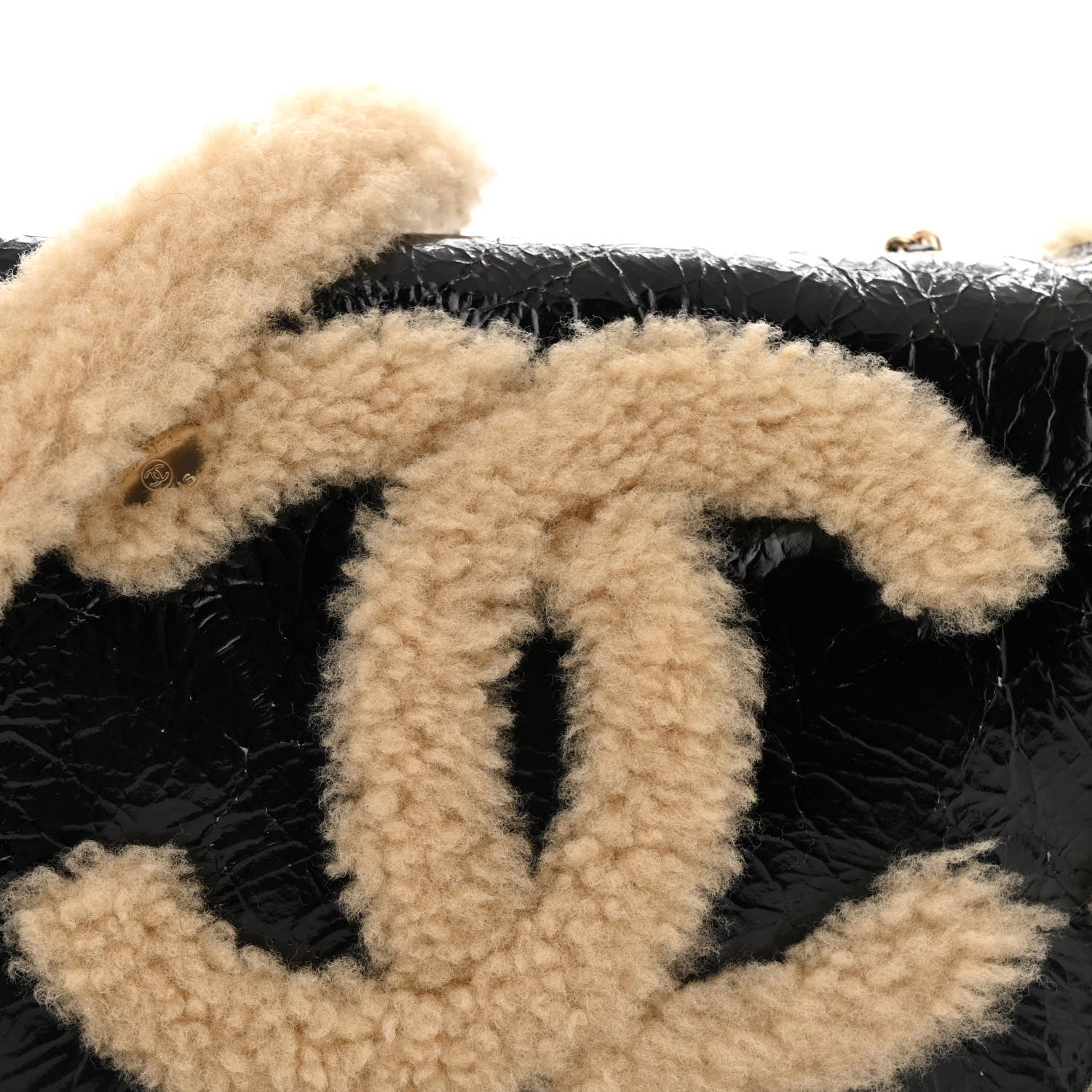 Shiny Crumpled Sheepskin Shearling CC Mania Flap Bag Black Beige