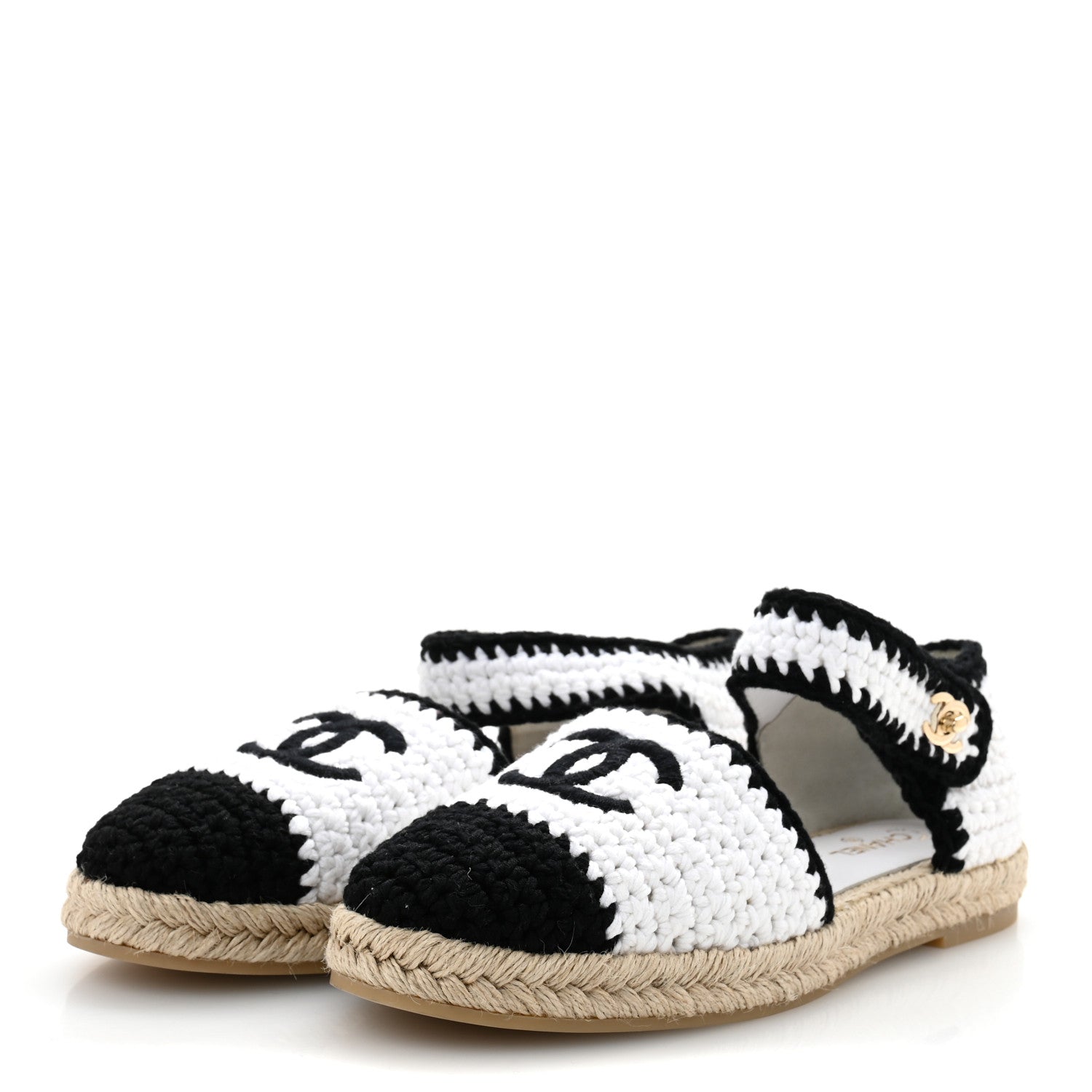Braided Knit Cap Toe CC Ankle Strap Espadrilles 39 White Black