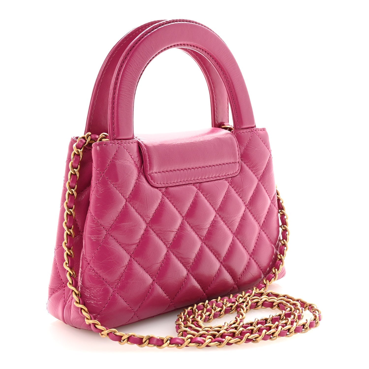 Shiny Aged Calfskin Quilted Nano Kelly Shopper Dark Pink