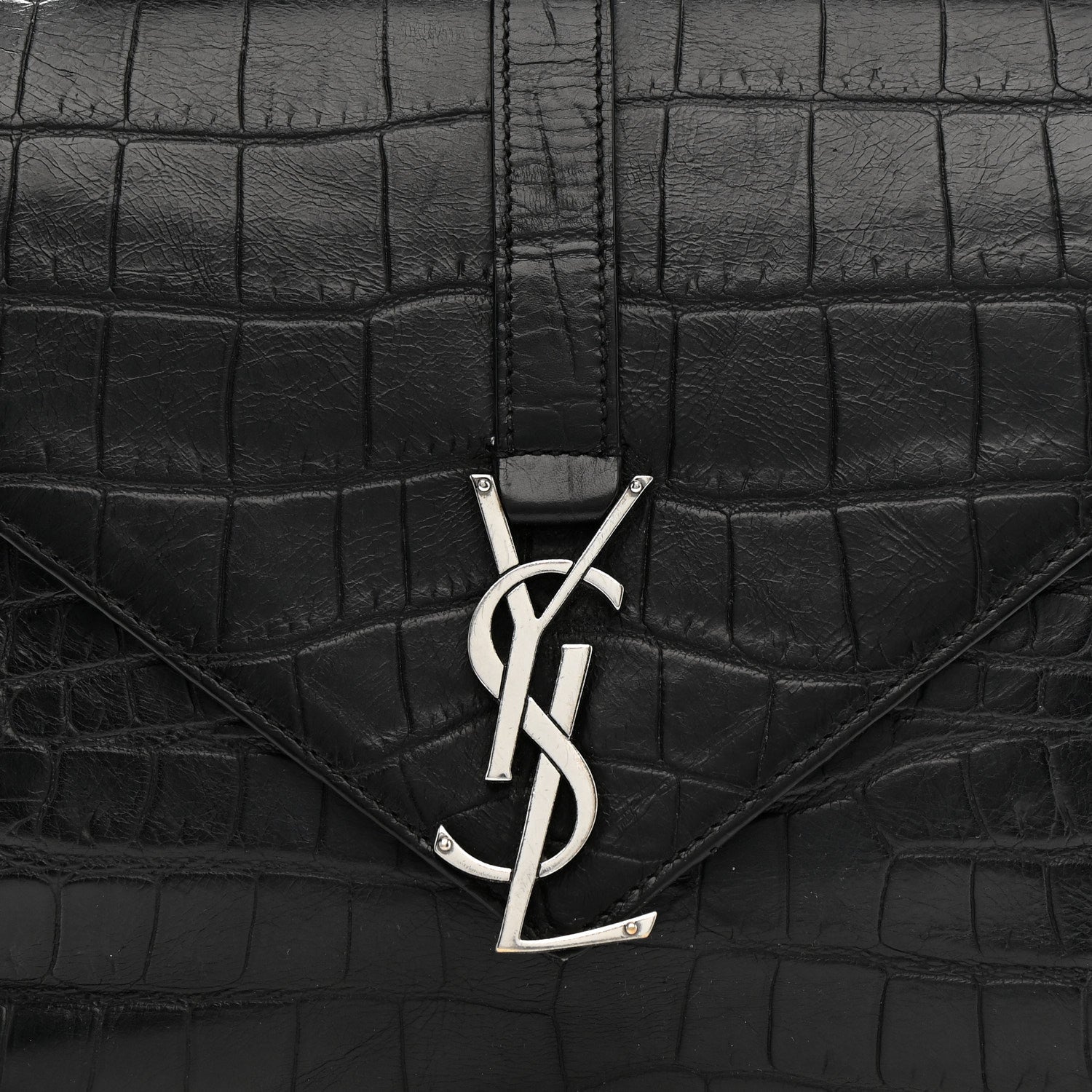 Calfskin Crocodile Embossed Medium College Monogram Satchel Black