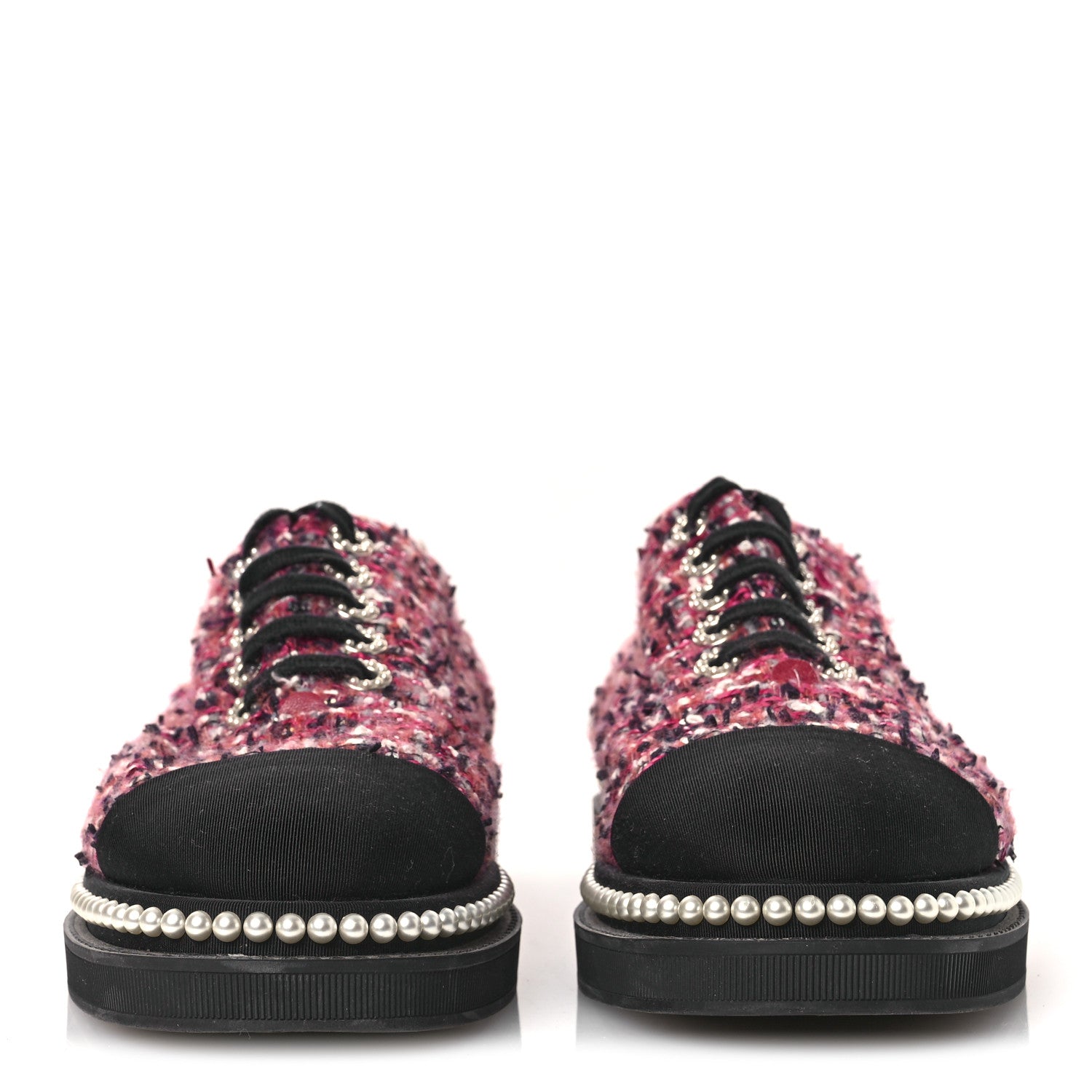 Tweed Grosgrain Sequin Pearl Lace Up Sneakers 40 Black Pink