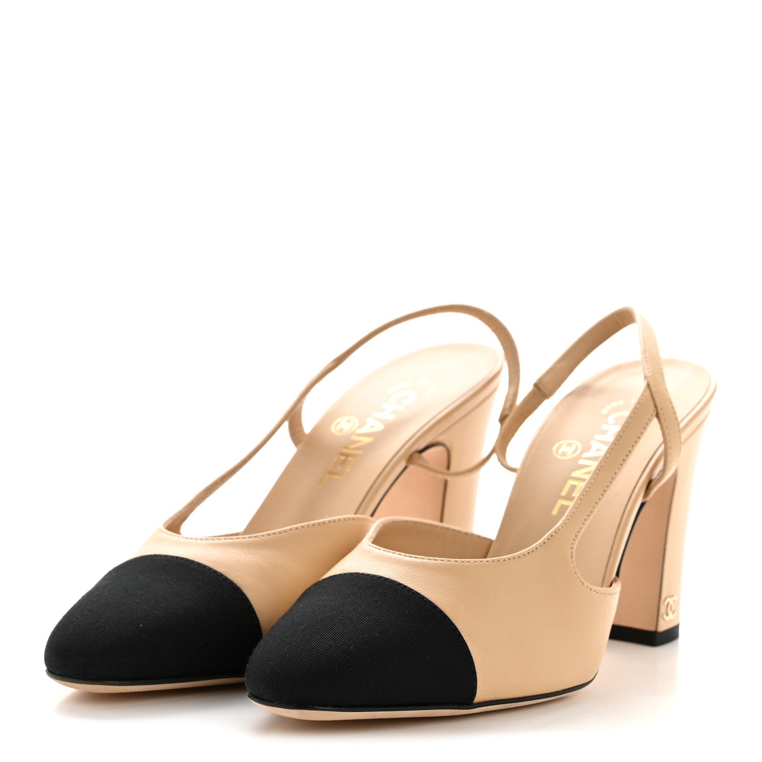 Goatskin Grosgrain Cap Toe CC Slingback Pumps 38.5 Beige Black