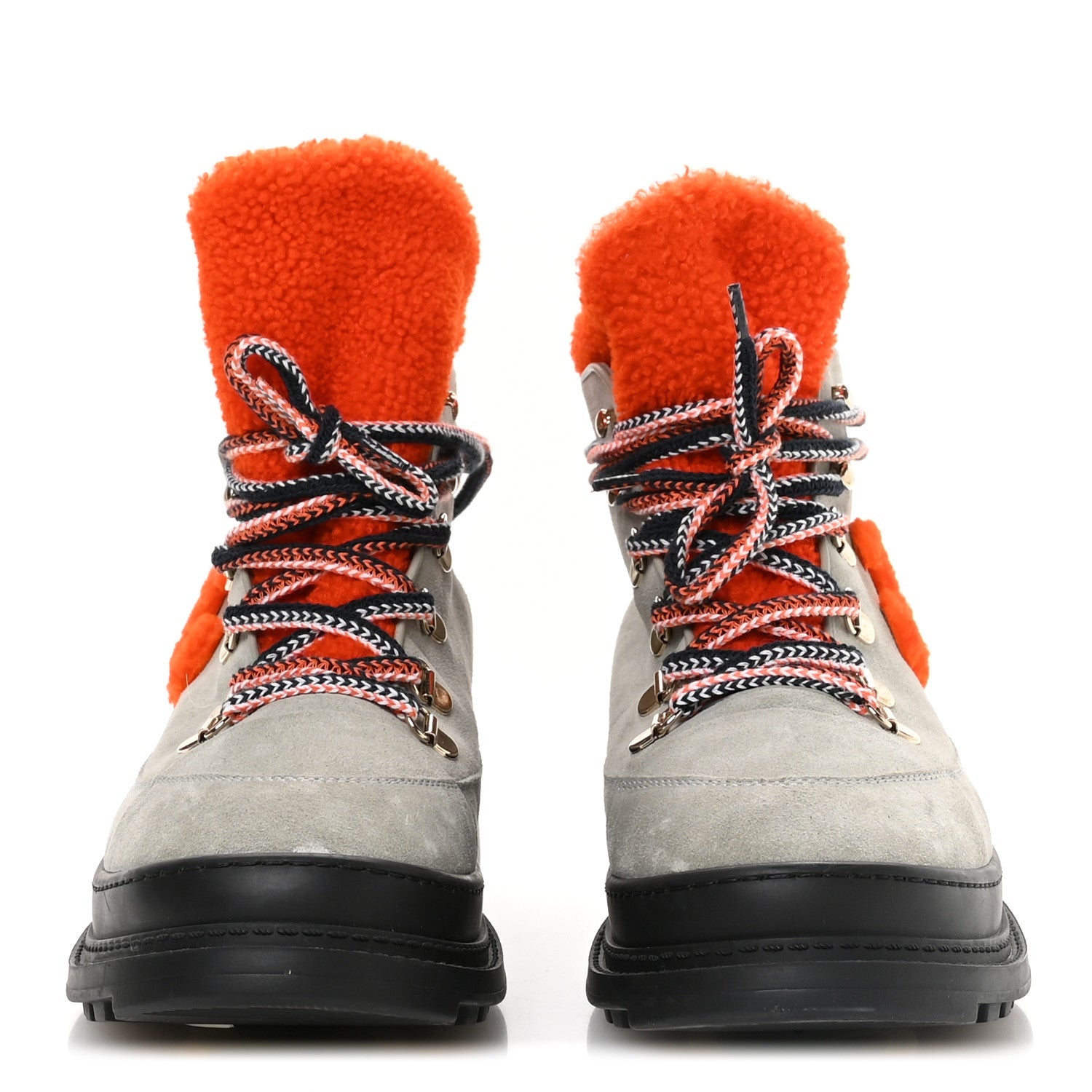 Suede Calfskin Shearling CC Lace Up Boots 40.5 Grey Orange Black