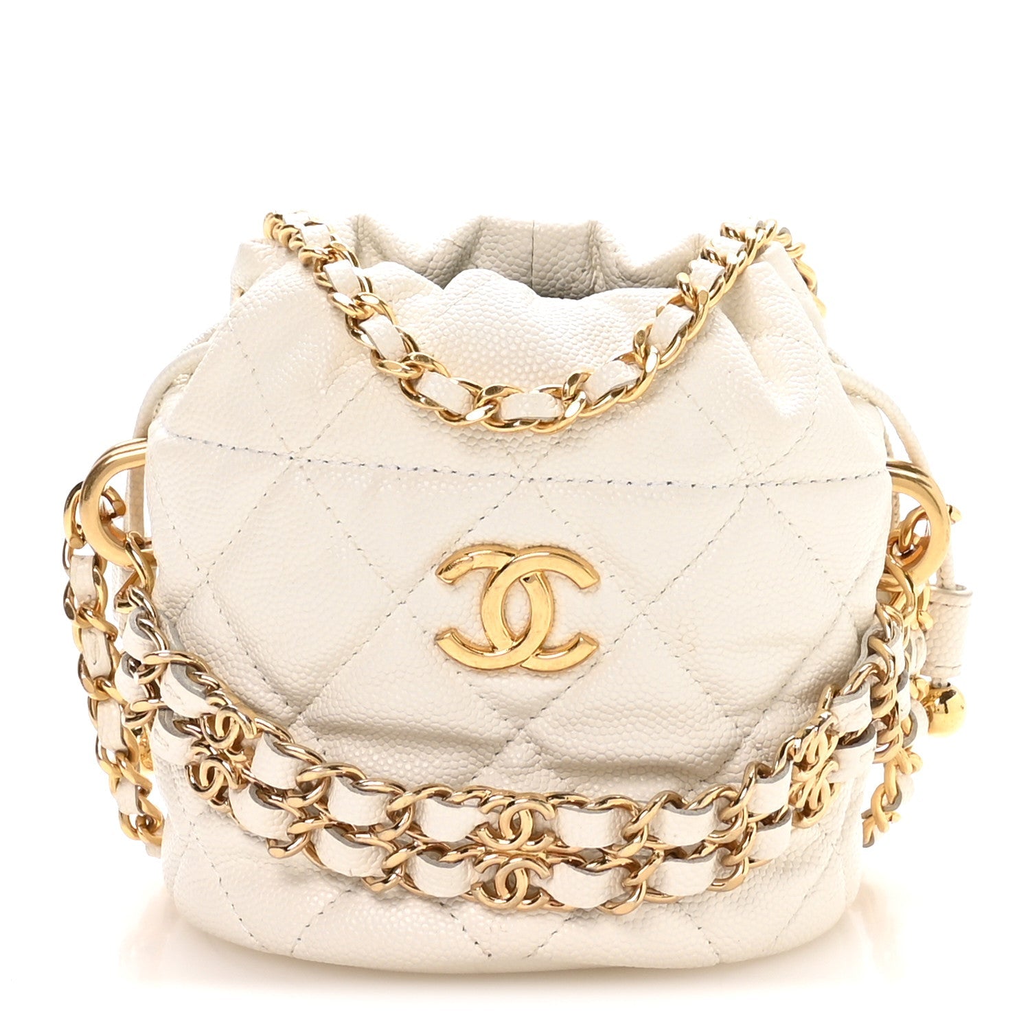Caviar Quilted Coco First Bucket Clutch With Chain White
