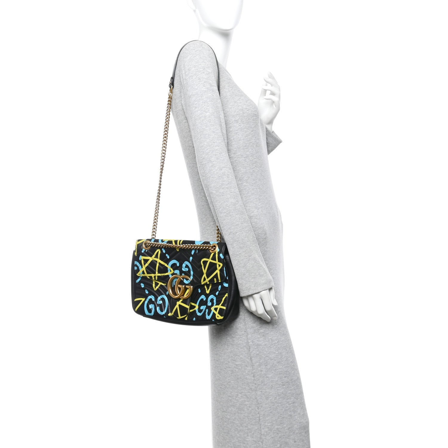 Calfskin Matelasse GucciGhost Medium GG Marmont Shoulder Bag Black New Acquamarine