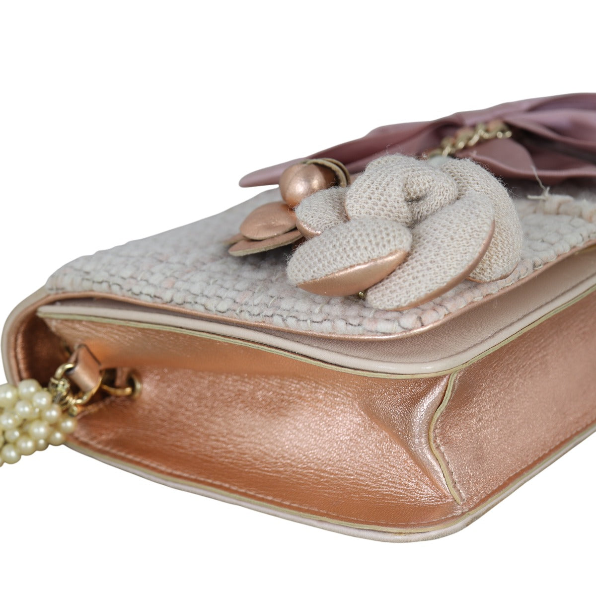 Chanel Camellia Tweed Pearl Chain Flap Bag Vintage