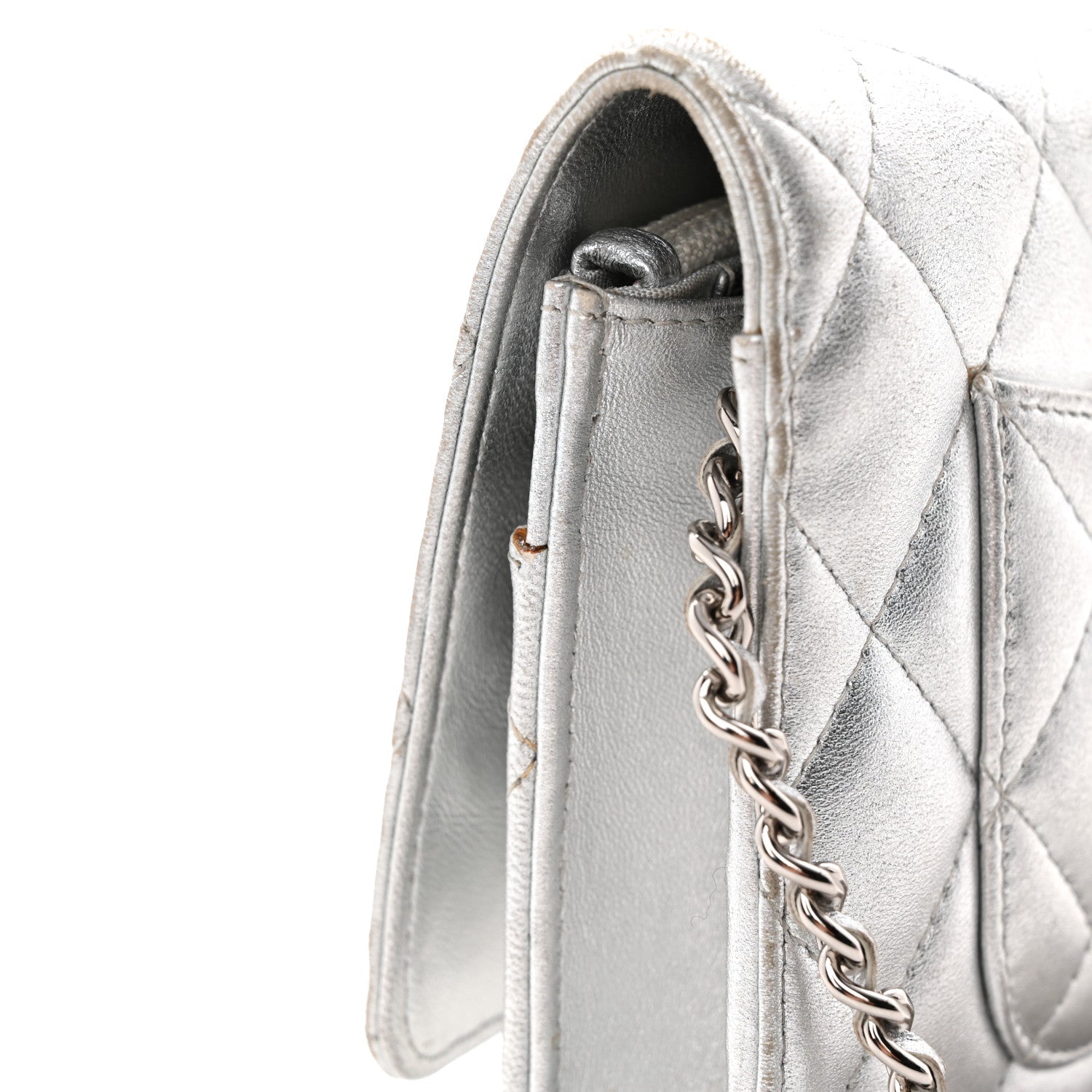 Metallic Lambskin Quilted Wallet On Chain WOC Silver