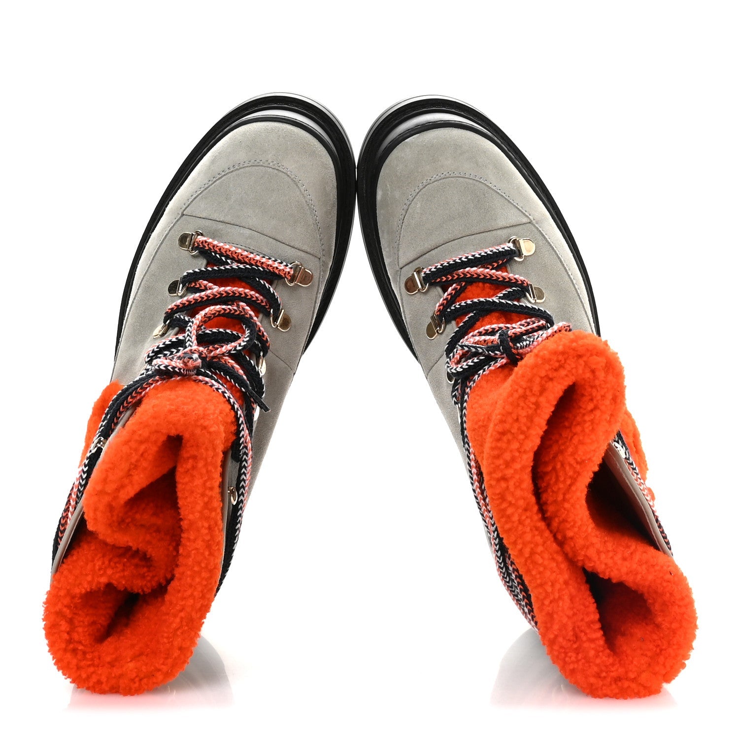 Suede Calfskin Shearling CC Lace Up Boots 40.5 Grey Orange Black