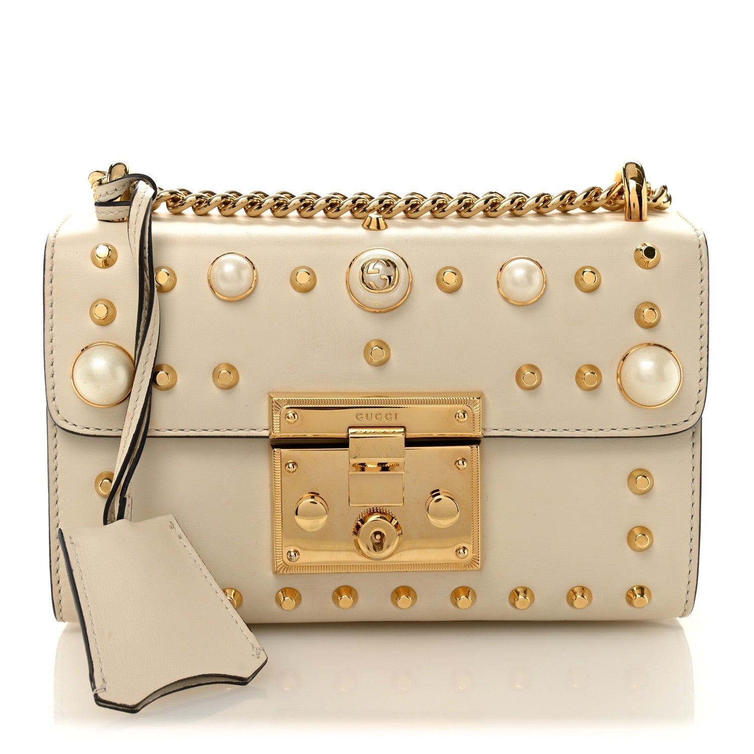 Calfskin Studded Small Padlock Shoulder Bag White