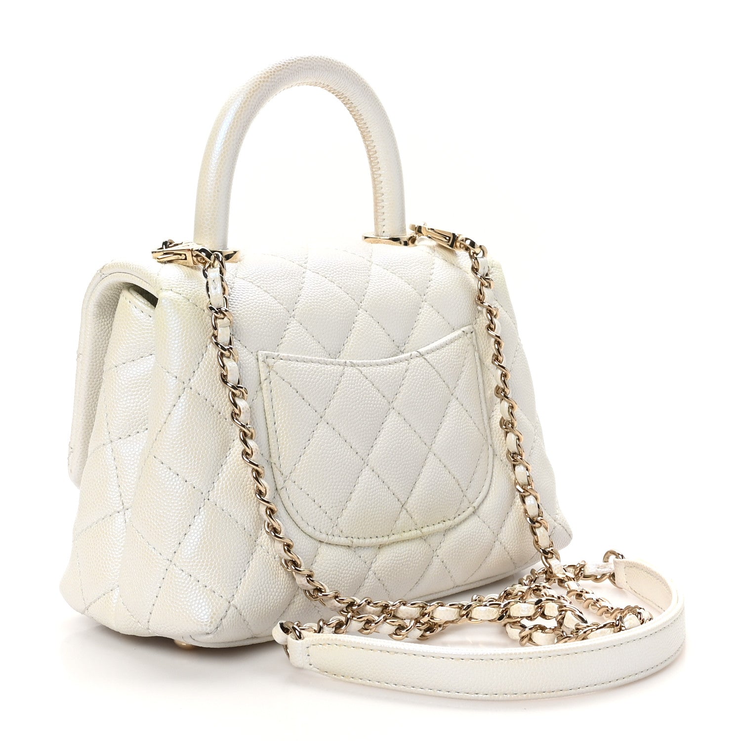 Iridescent Caviar Quilted Extra Mini Coco Handle Flap White