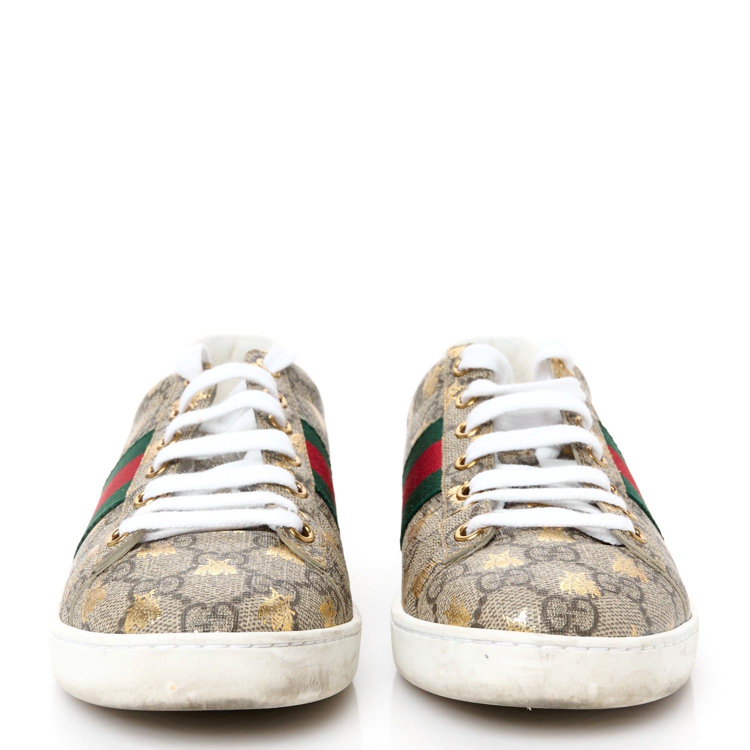 GG Supreme Monogram Bees Ayers Web Womens Ace Sneakers 37 Beige Oro Green Red