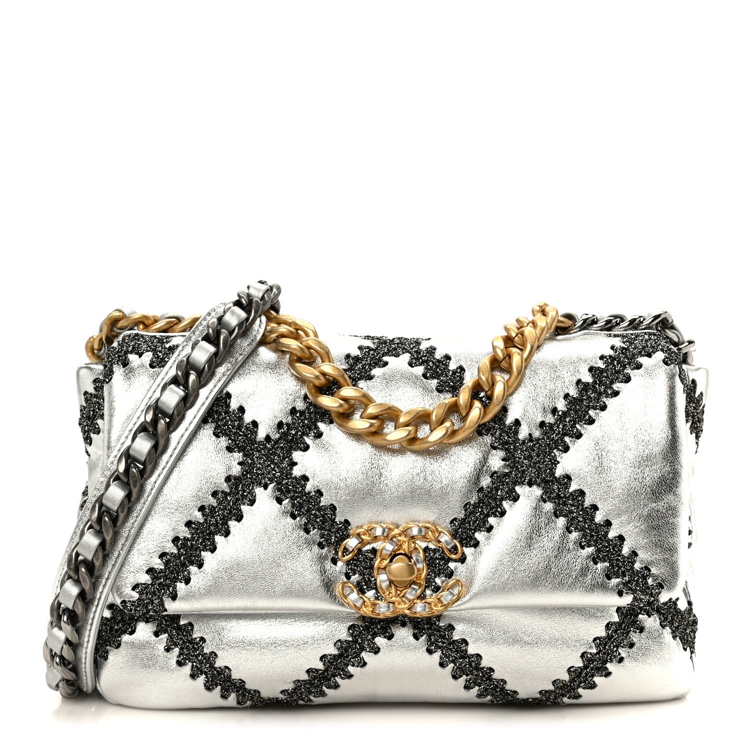Metallic Calfskin Crochet Medium Chanel 19 Flap Silver