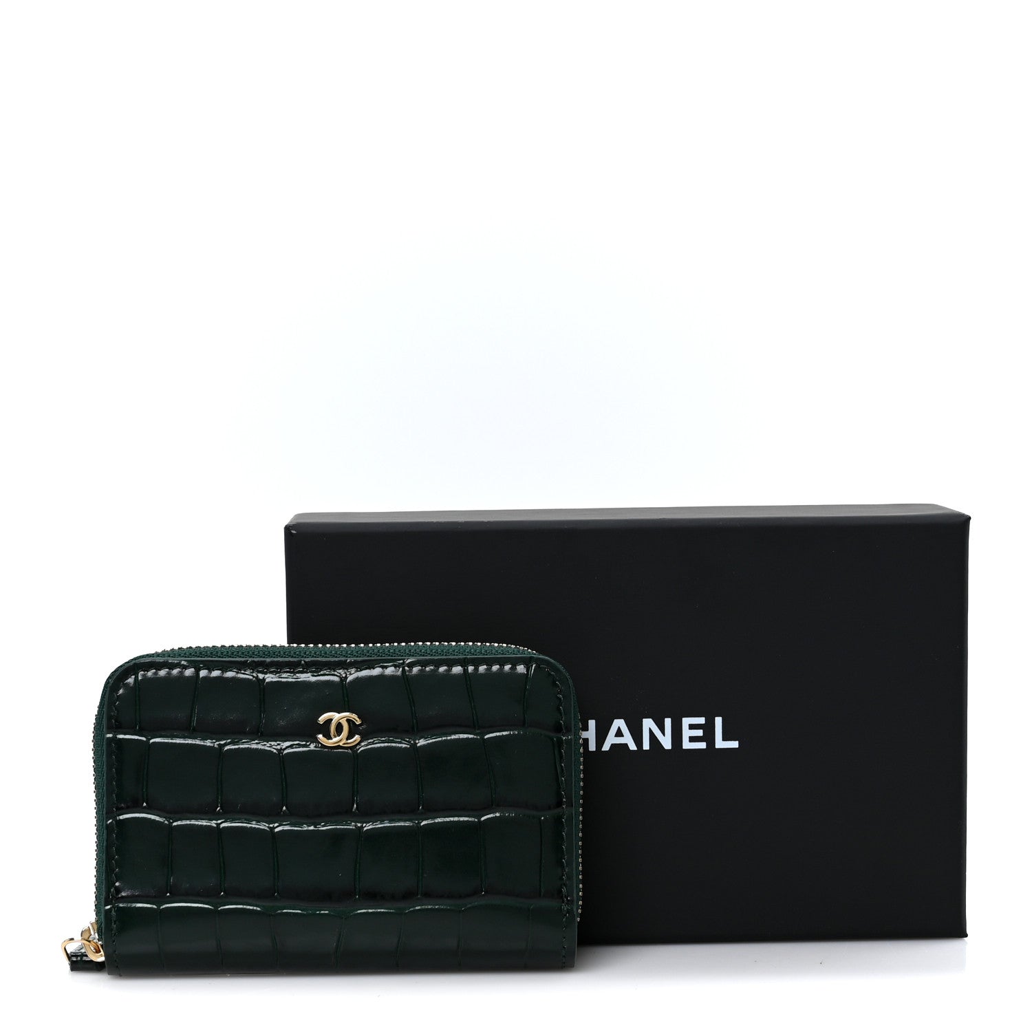 Calfskin Crocodile Embossed Crococo Zip Coin Purse Emerald