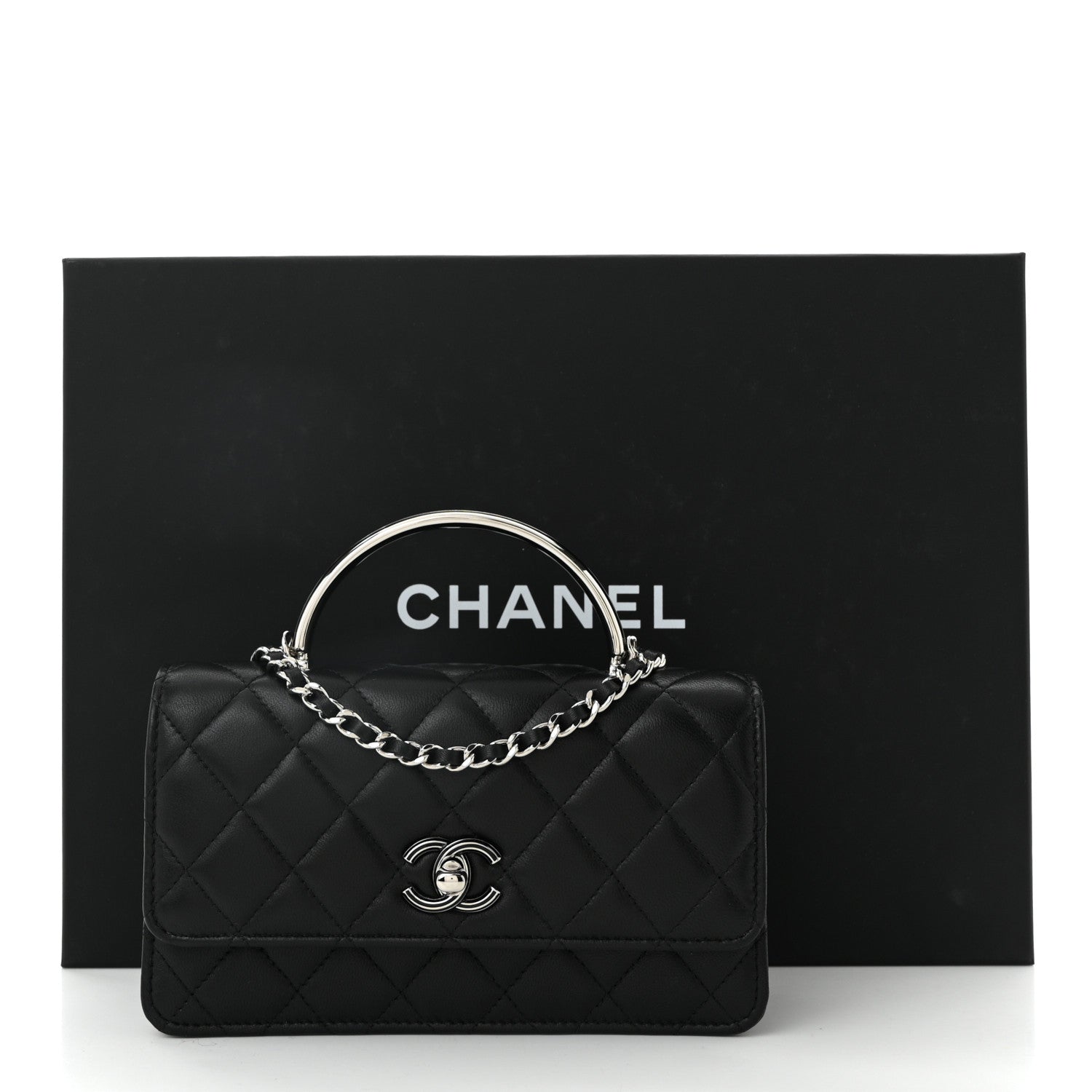 Lambskin Quilted Metal Top Handle Crossbody Flap Black