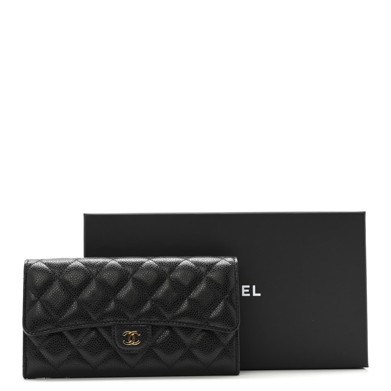 Caviar Quilted Large Gusset Flap Wallet Black