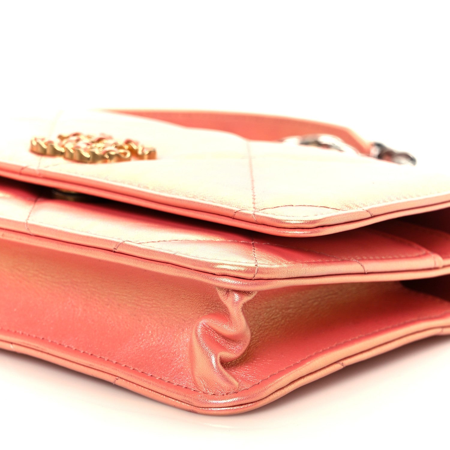 Iridescent Calfskin Quilted Chanel 19 Wallet On Chain WOC Pink
