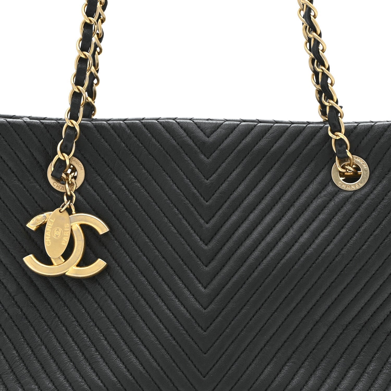 Wrinkled Lambskin Chevron Quilted Surpique Tote Black