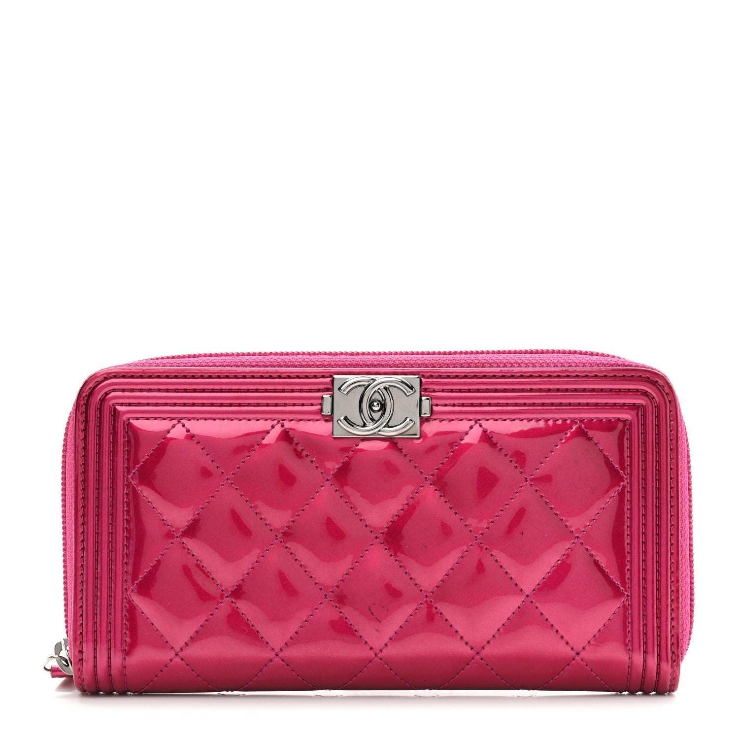 Metallic Patent Calfskin Quilted Boy L-Gusset Zip Wallet Pink