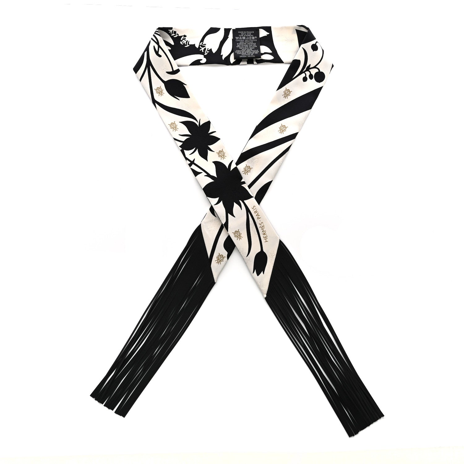 Silk Calfskin Bouquet Final Fringed Twilly Creme Black