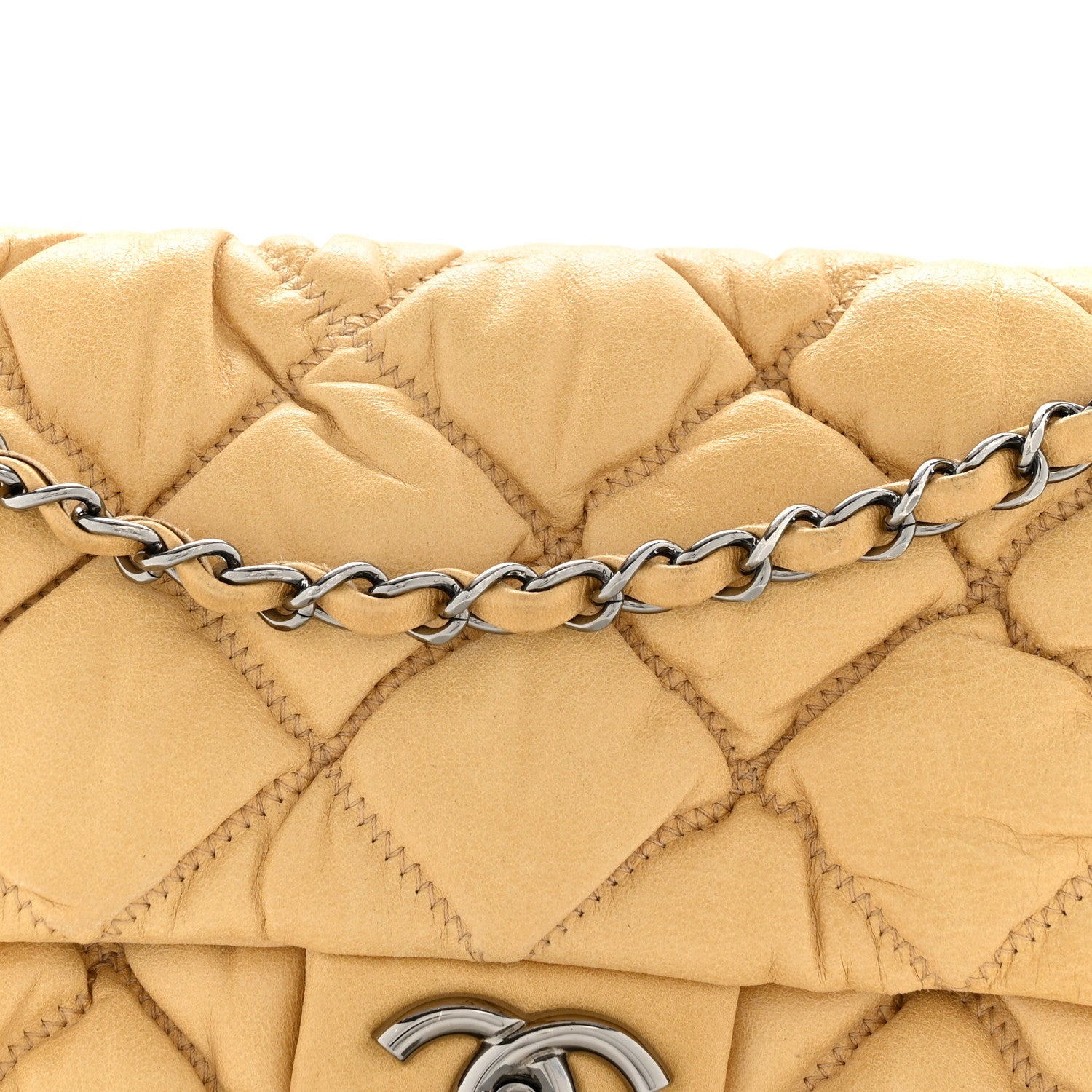 Calfskin Quilted Medium Bubble Quilt Flap Bag Beige