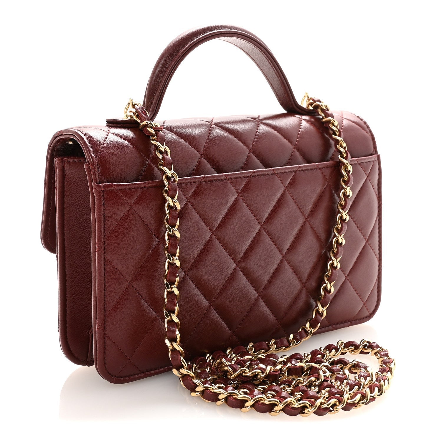Lambskin Quilted Top Handle Clutch With Chain Burgundy