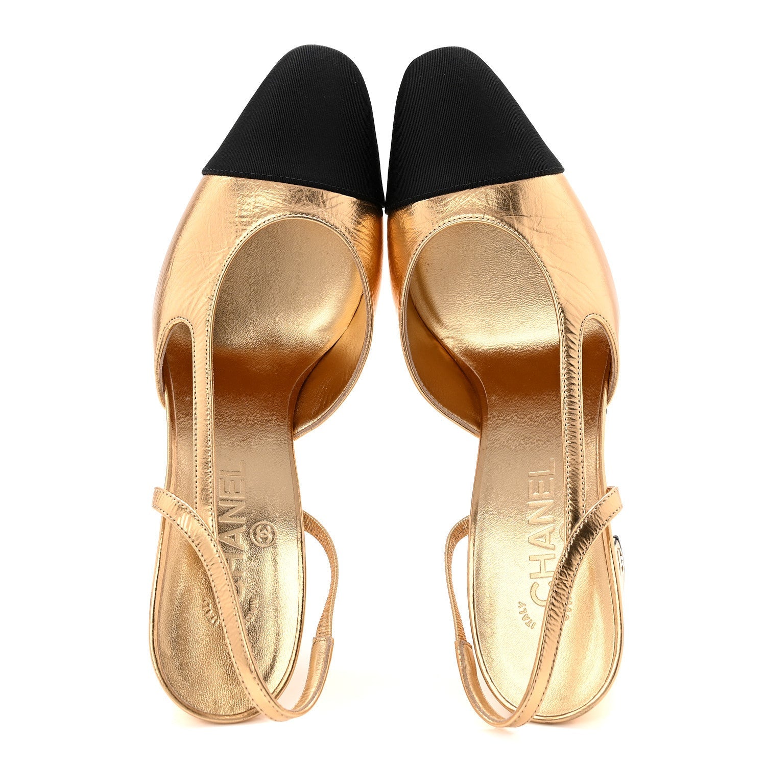 Laminated Crumpled Lambskin Grosgrain Cap Toe CC Slingback Pumps 39.5 Gold Black