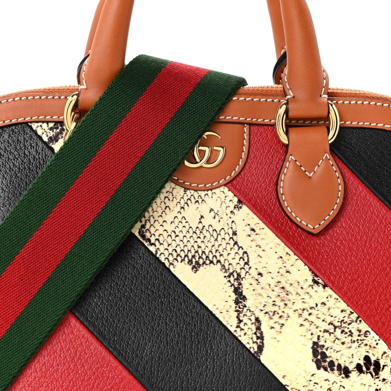 X DANS LE VERT Calfskin Snakeskin Medium Top Handle Dome Bag Brown Multicolor