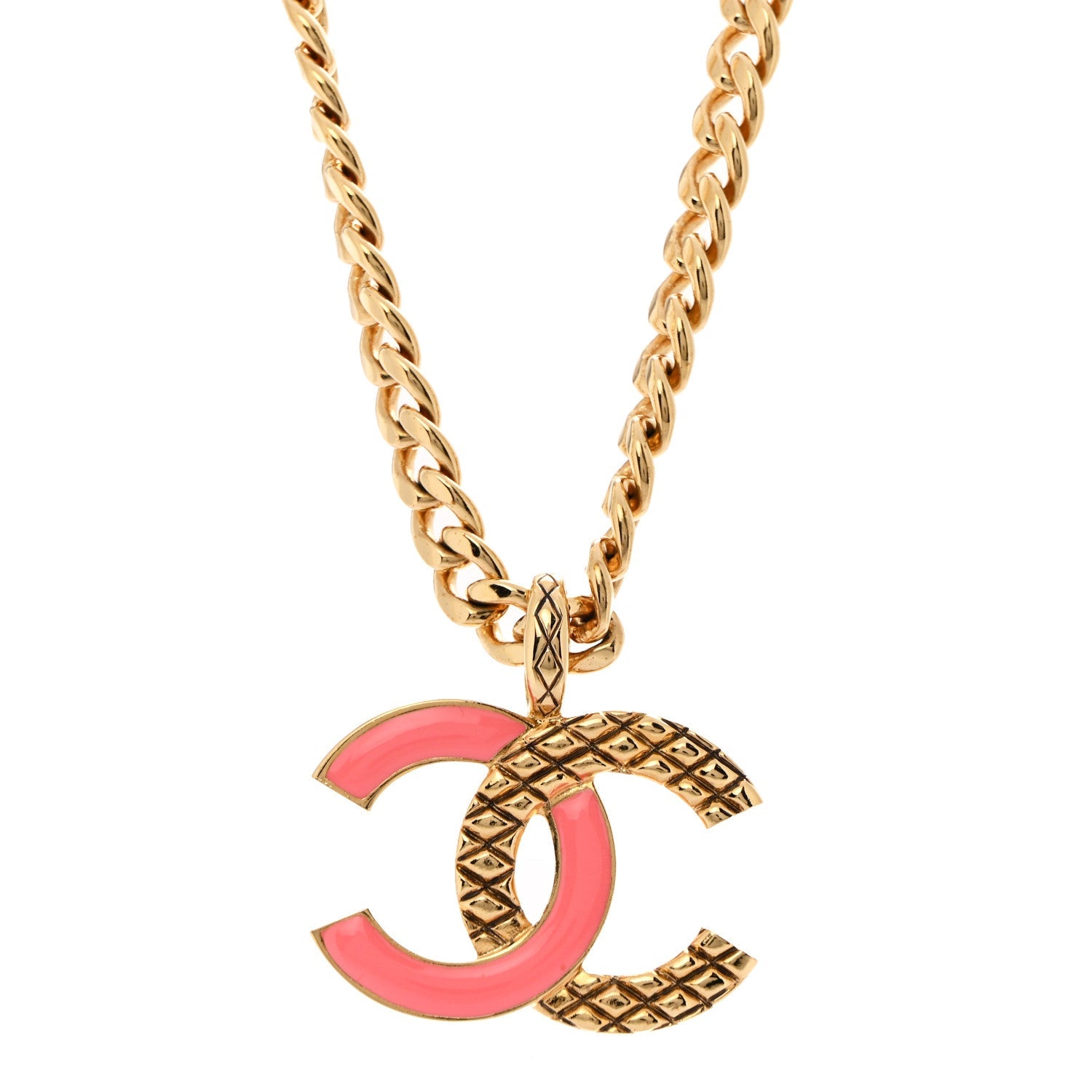 Metal Enamel Quilted CC Chain Necklace Pendant Gold Pink