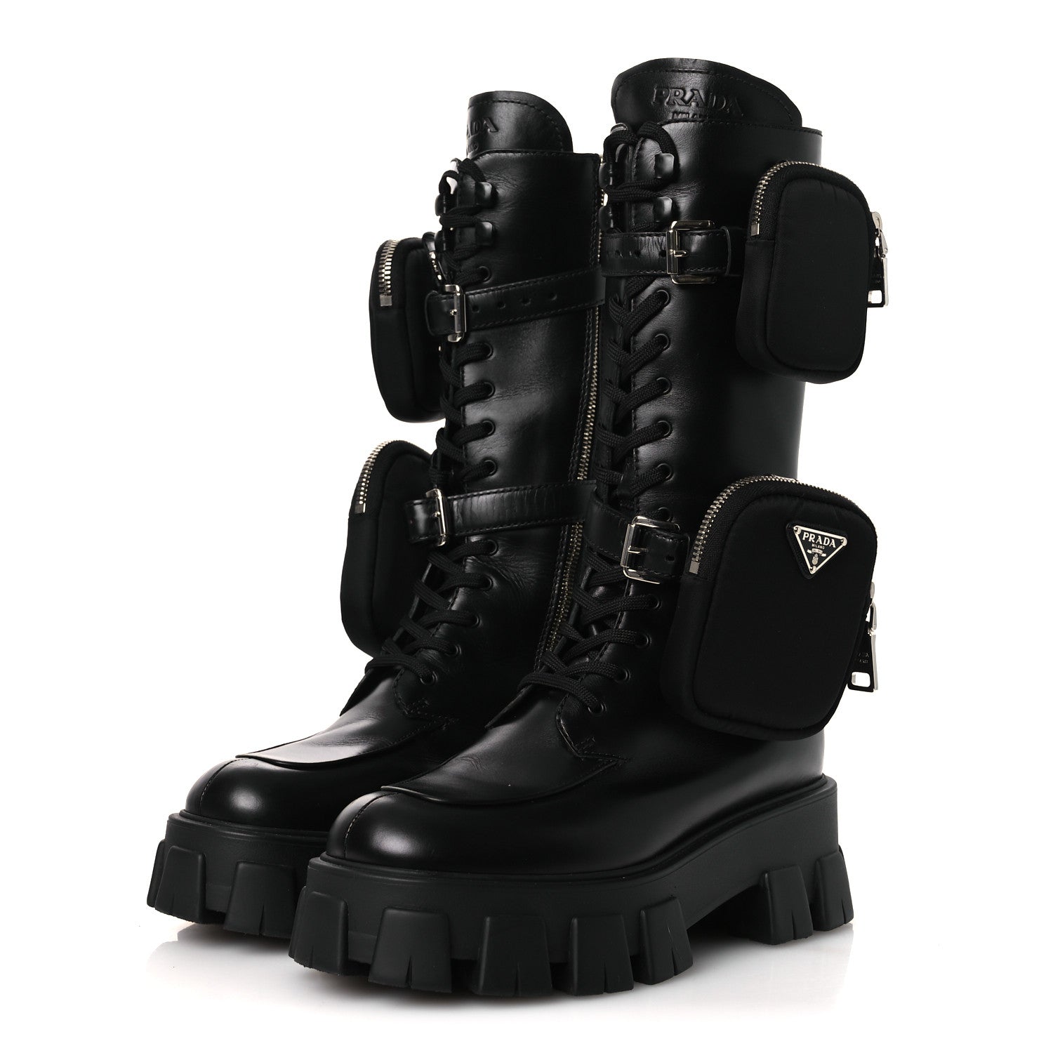Vitello Lux Nylon Metal Triangle Logo Monolith Pouch Pocket 55mm Tall Combat Boots 38.5 Black