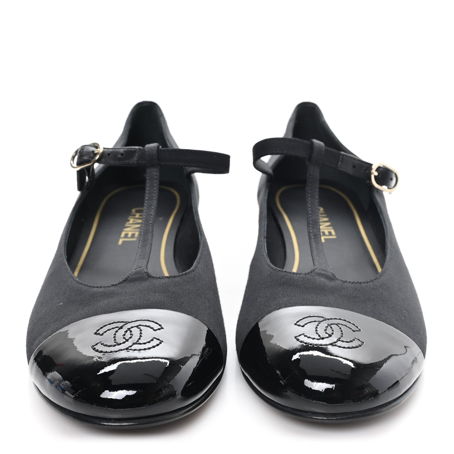 Grosgrain Patent Calfskin Cap Toe T Strap CC Flats 38 Black