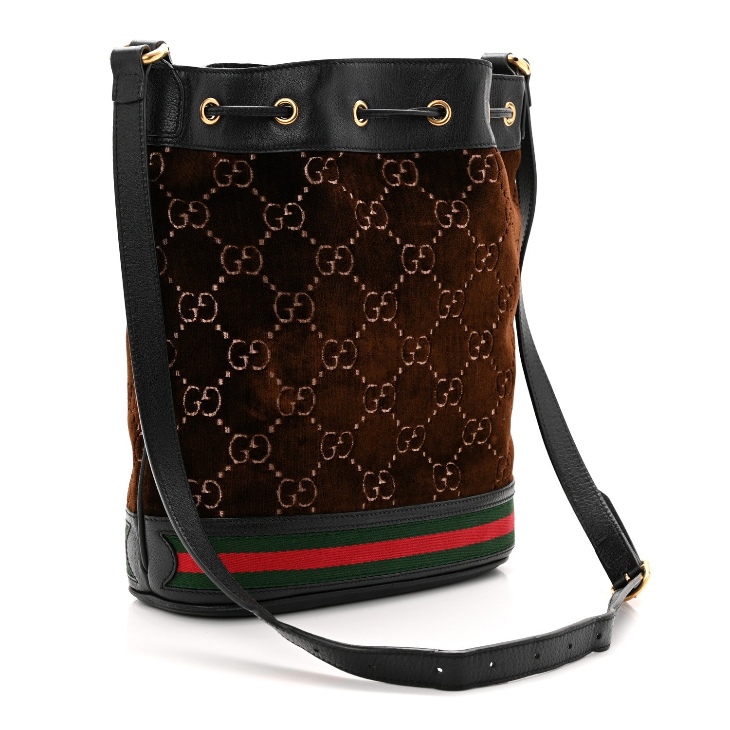 Velvet GG Monogram Textured Calfskin Web Bucket Bag Brown Black