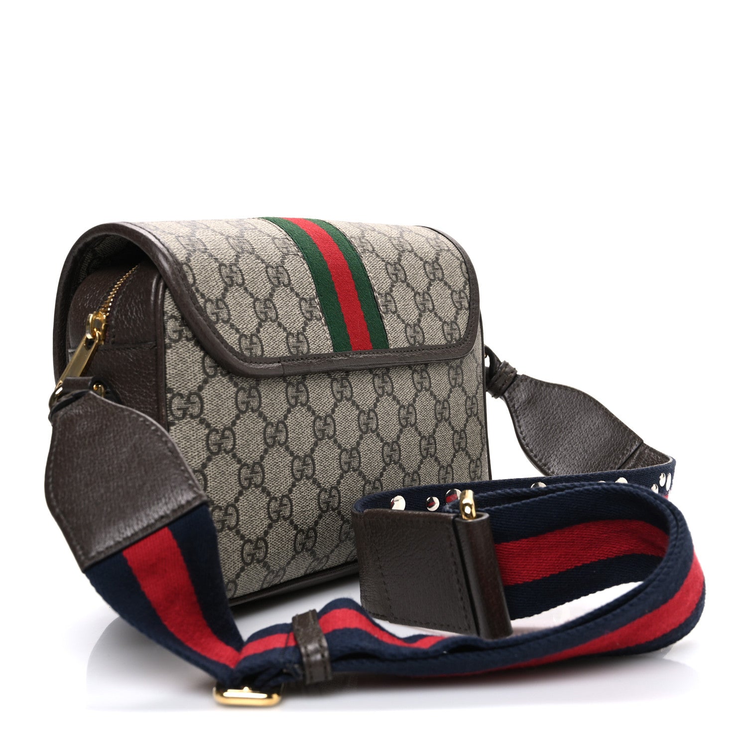 GG Supreme Monogram Textured Dollar Calfskin Web Studded Mini Ophidia Flap Shoulder Bag Beige Ebony New Acero