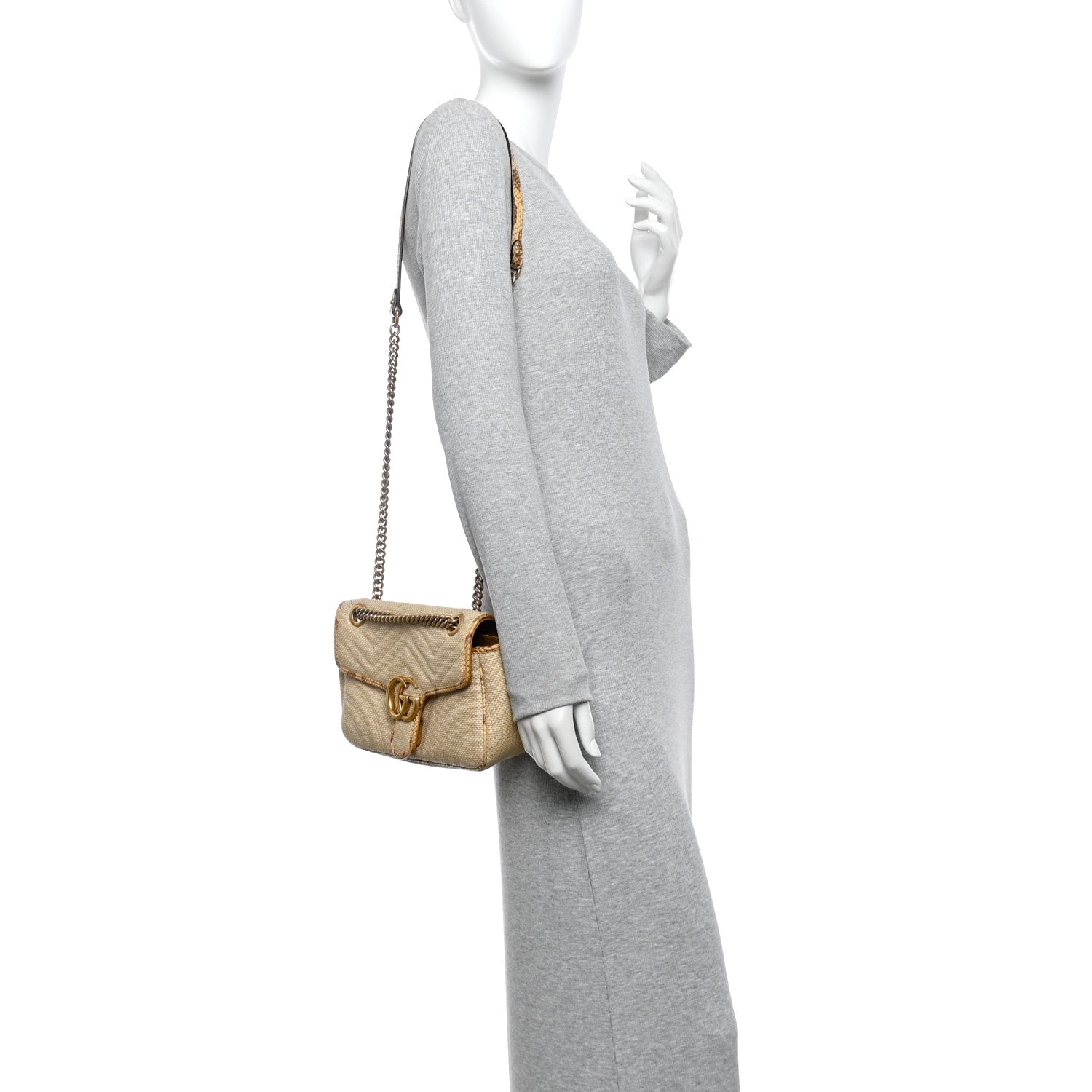 Raffia Elaphe Matelasse Small GG Marmont Shoulder Bag Natural Cream Brown