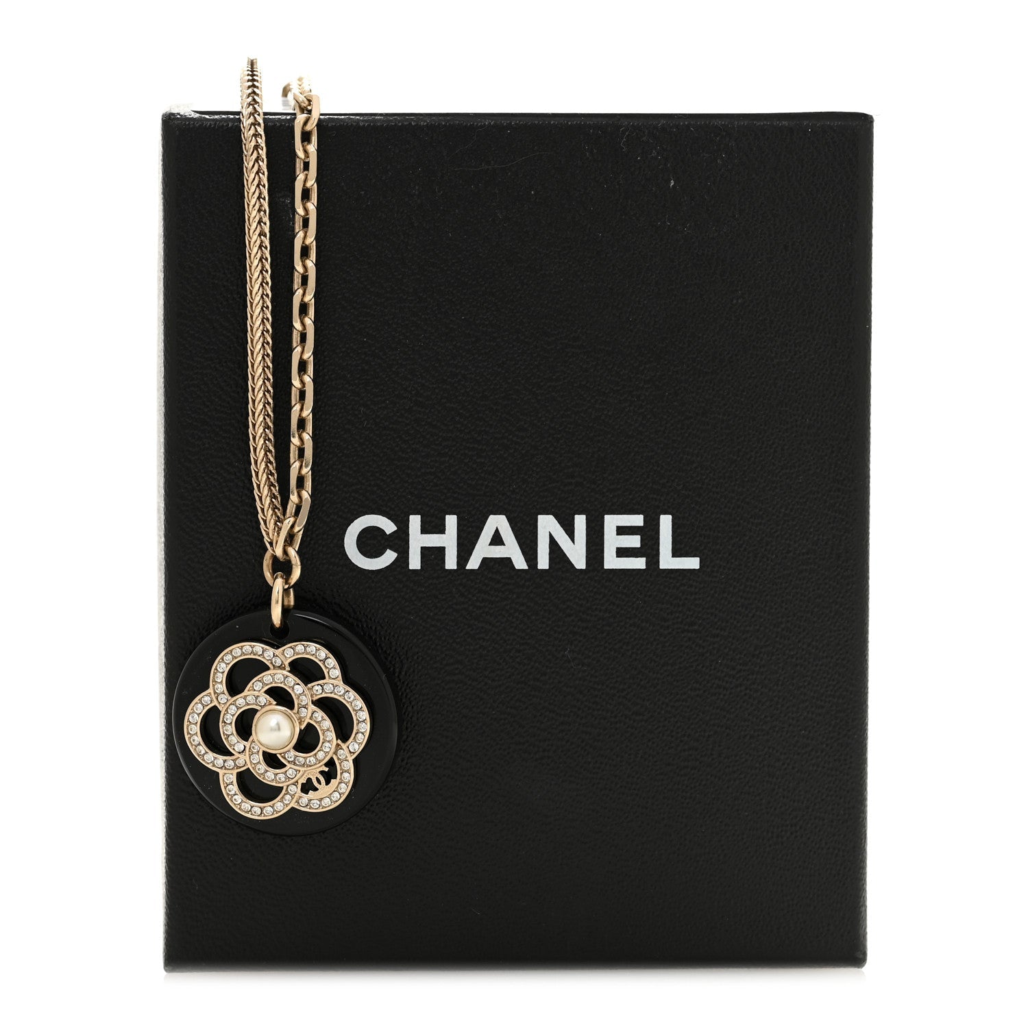 Resin Pearl Crystal Camellia CC Necklace Black Gold