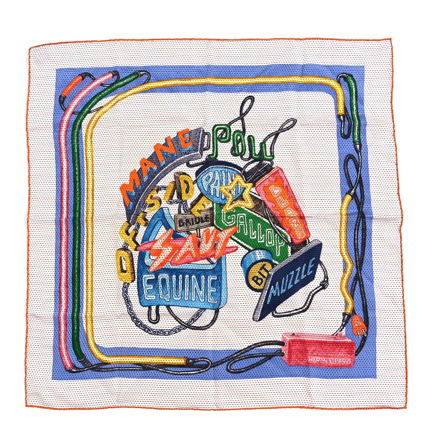 Silk Pointille Chevaloscope Neon Scarf 70 White Bleu Vert